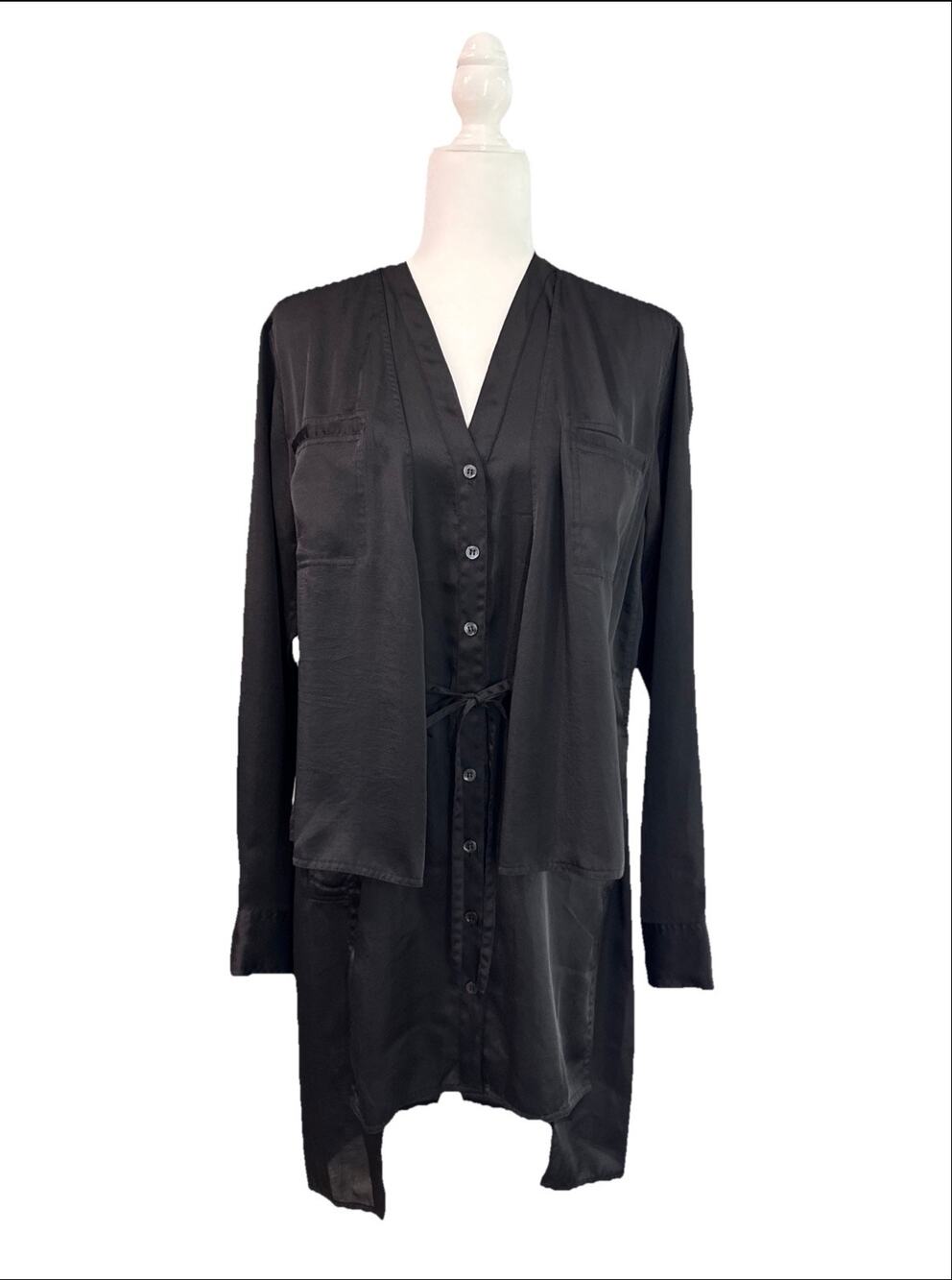 Max Azria Button Front Shirt Dress Womens XS Black Satin V-Neck Knee Length